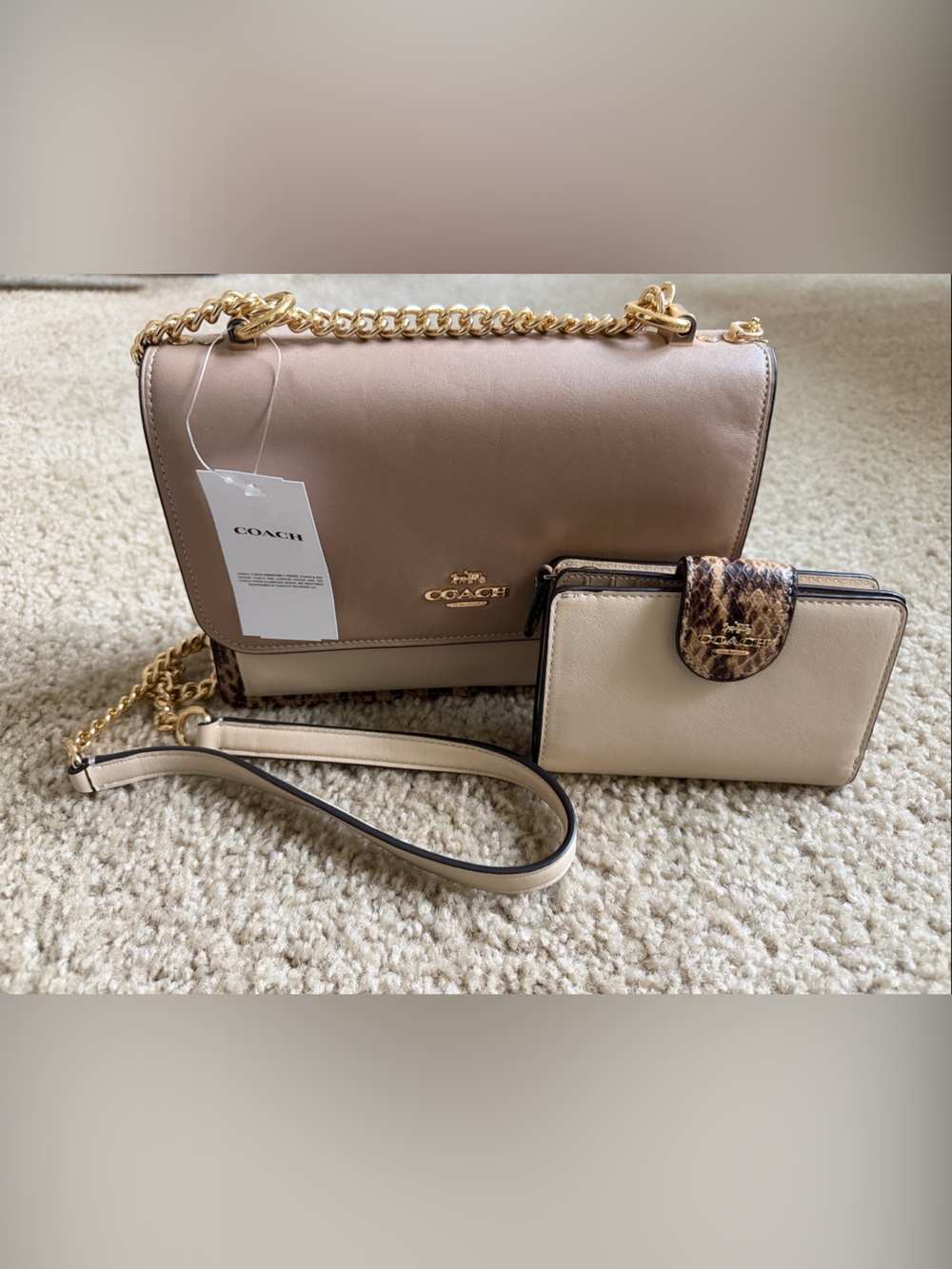 Coach Taupe Crossbody Bag with Cream Wallet and Gold Chain